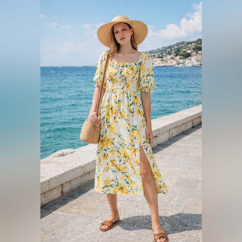 LAST CHANCE GAP Linen-Blend Puff Sleeve Midi Dress